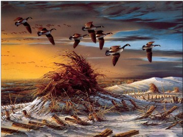  birds Painting - birds migration in sunset winter snow